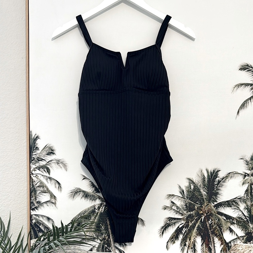 Shein Maternity Ribbed One Piece Swimsuit Black V Wire Pregnancy Bathing Suit